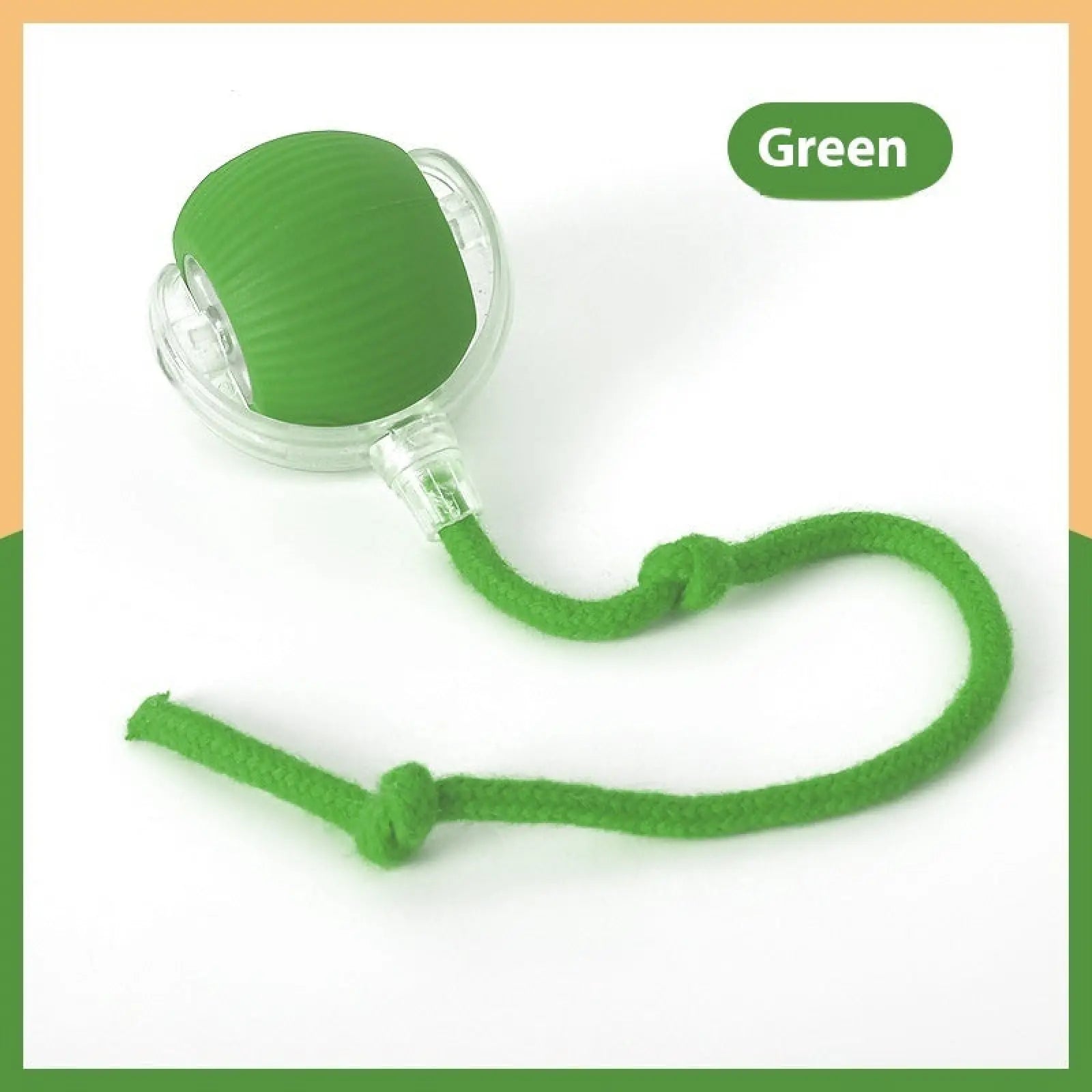Interactive cat toy ball in green silicone with clear plastic clip and matching green cord for automatic rolling play