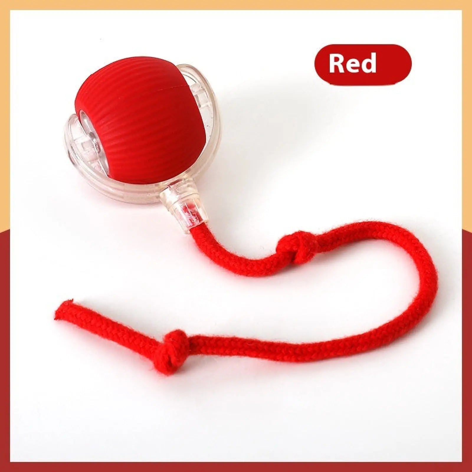 Red silicone interactive cat toy ball with clear plastic casing and matching red cord for automatic rolling play
