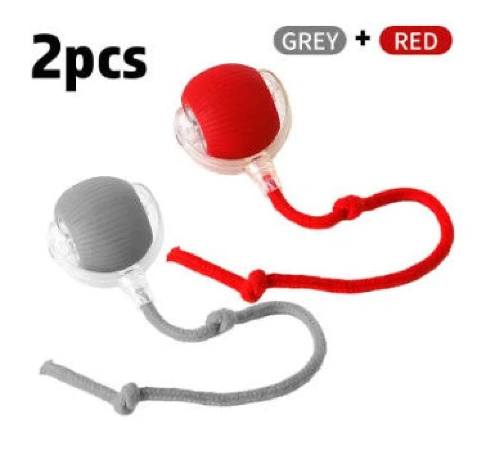 Red and grey silicone earbud holders with matching braided cords for interactive cat toy ball automatic moving roller toy