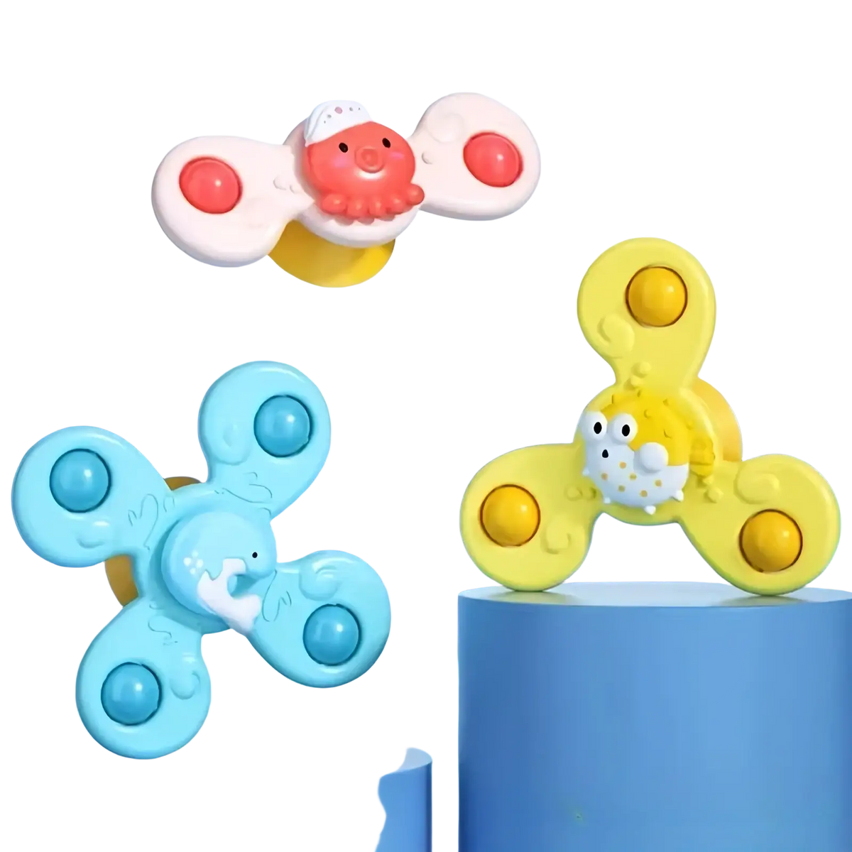 Interactive cat toy brightly colored plastic bath fidget spinners with cute octopus and pufferfish ocean characters