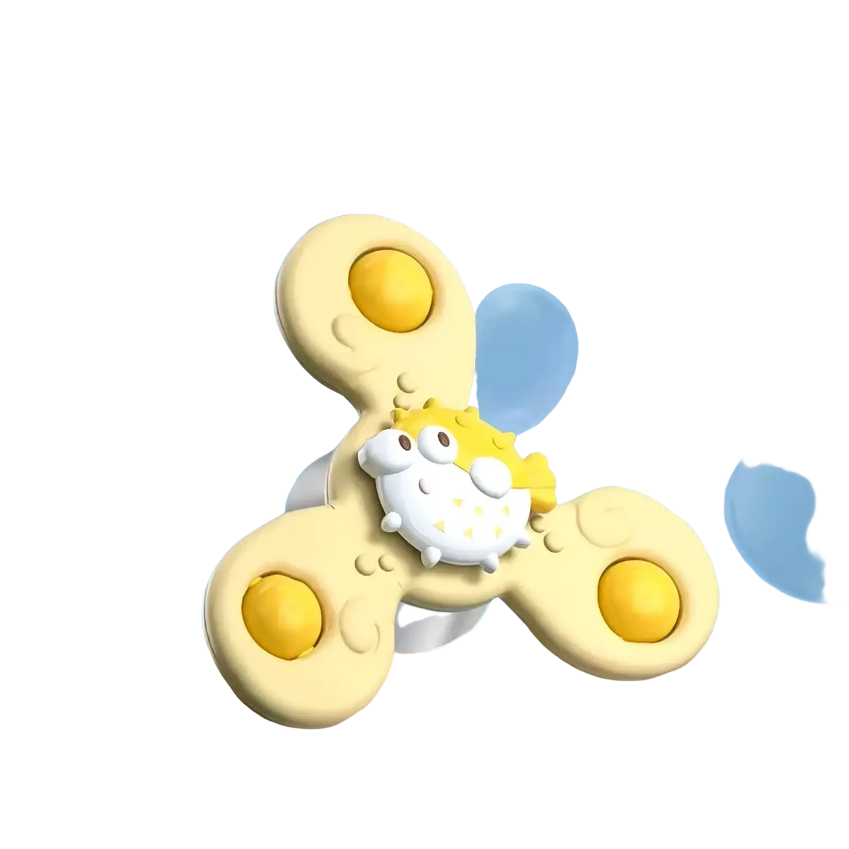 Cream-colored interactive cat toy fidget spinner with white and yellow pufferfish center and three arms with golden-yellow buttons