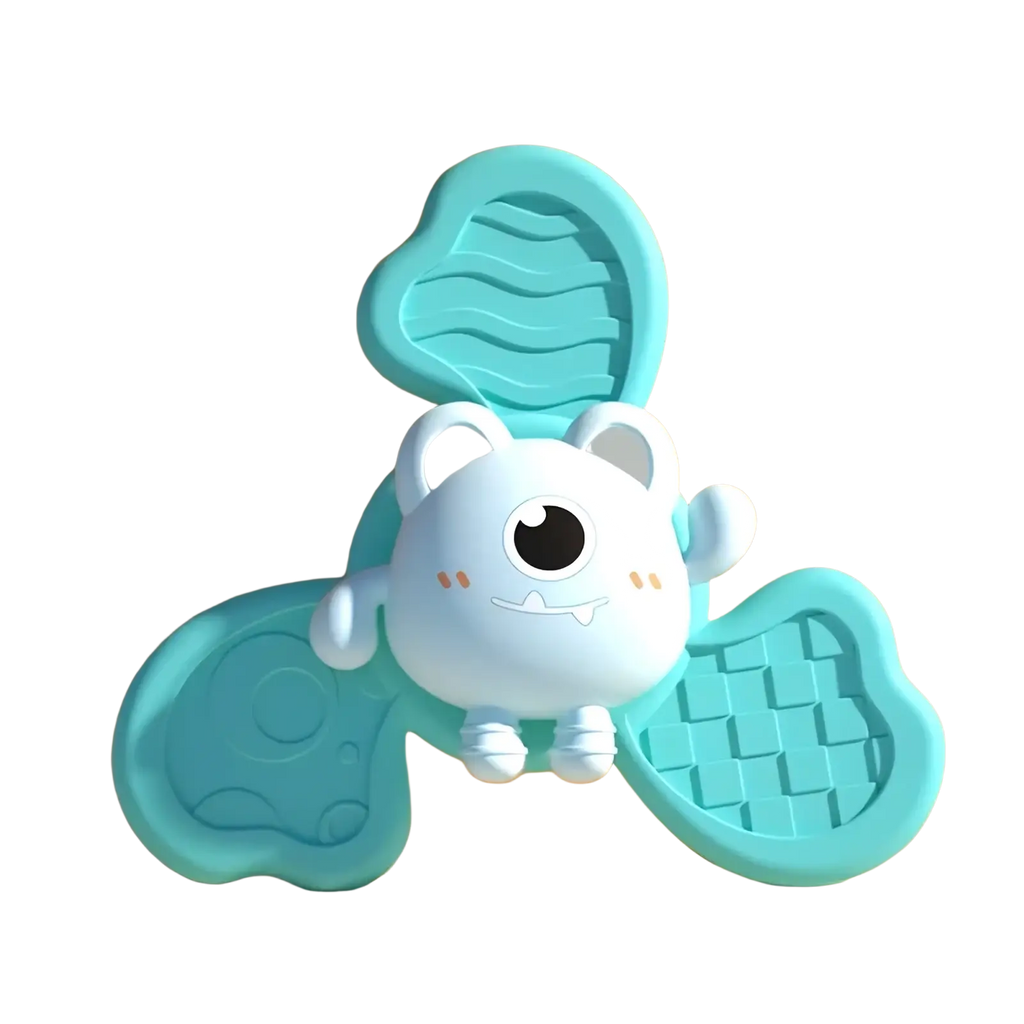 Interactive cat toy featuring a cute turquoise and white silicone baby teether with a cartoon monster design
