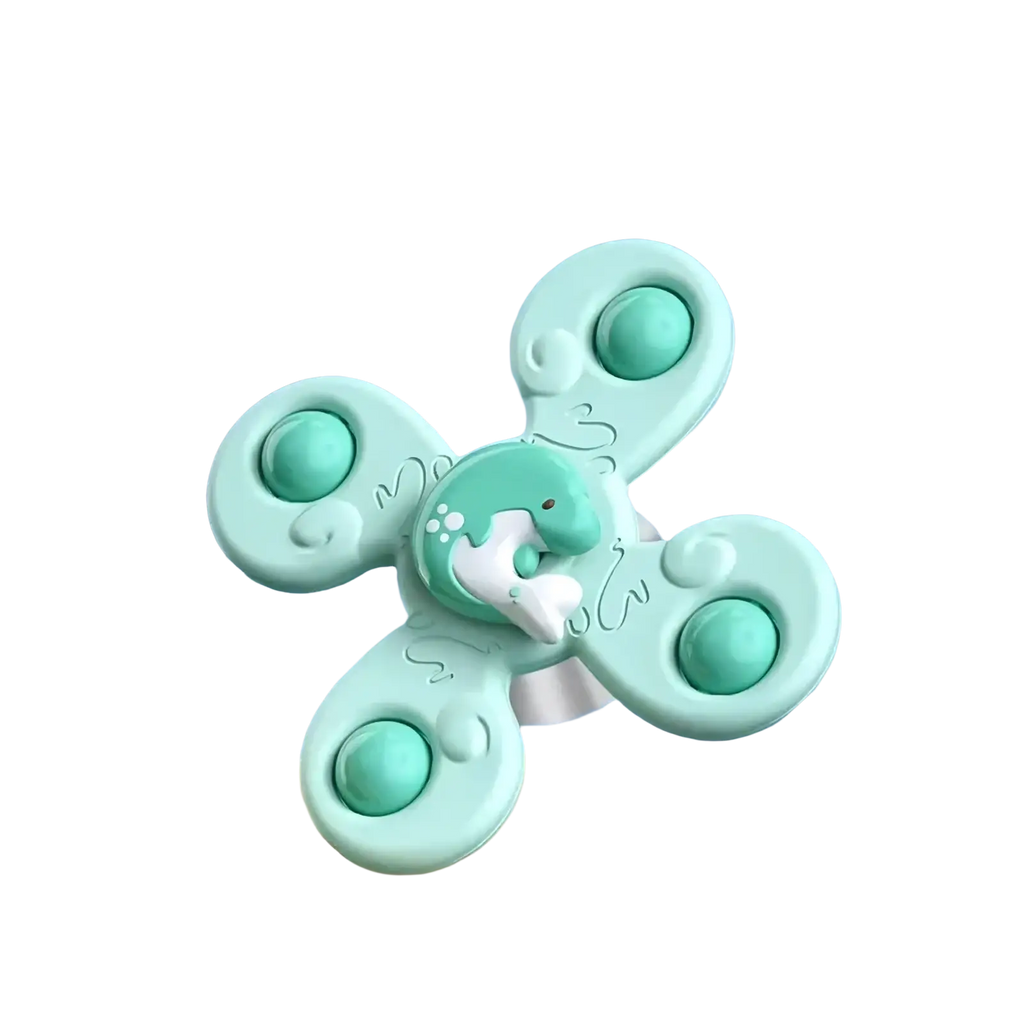 Interactive cat toy in mint green dolphin design featuring a three-arm fidget spinner with pop-it bubbles