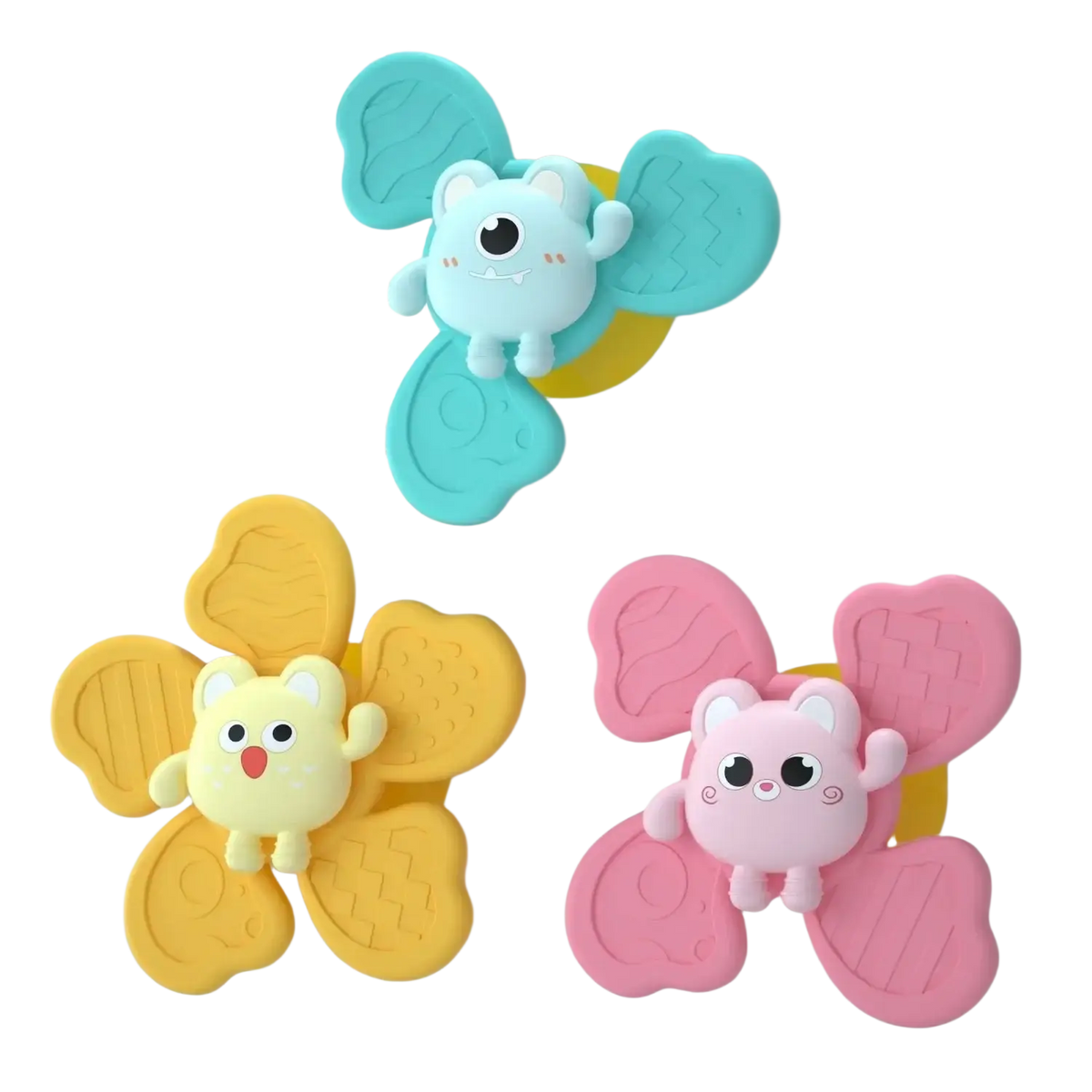 Three colorful silicone bath sponge holders with butterfly wings and cartoon characters for interactive cat toy boredom relief