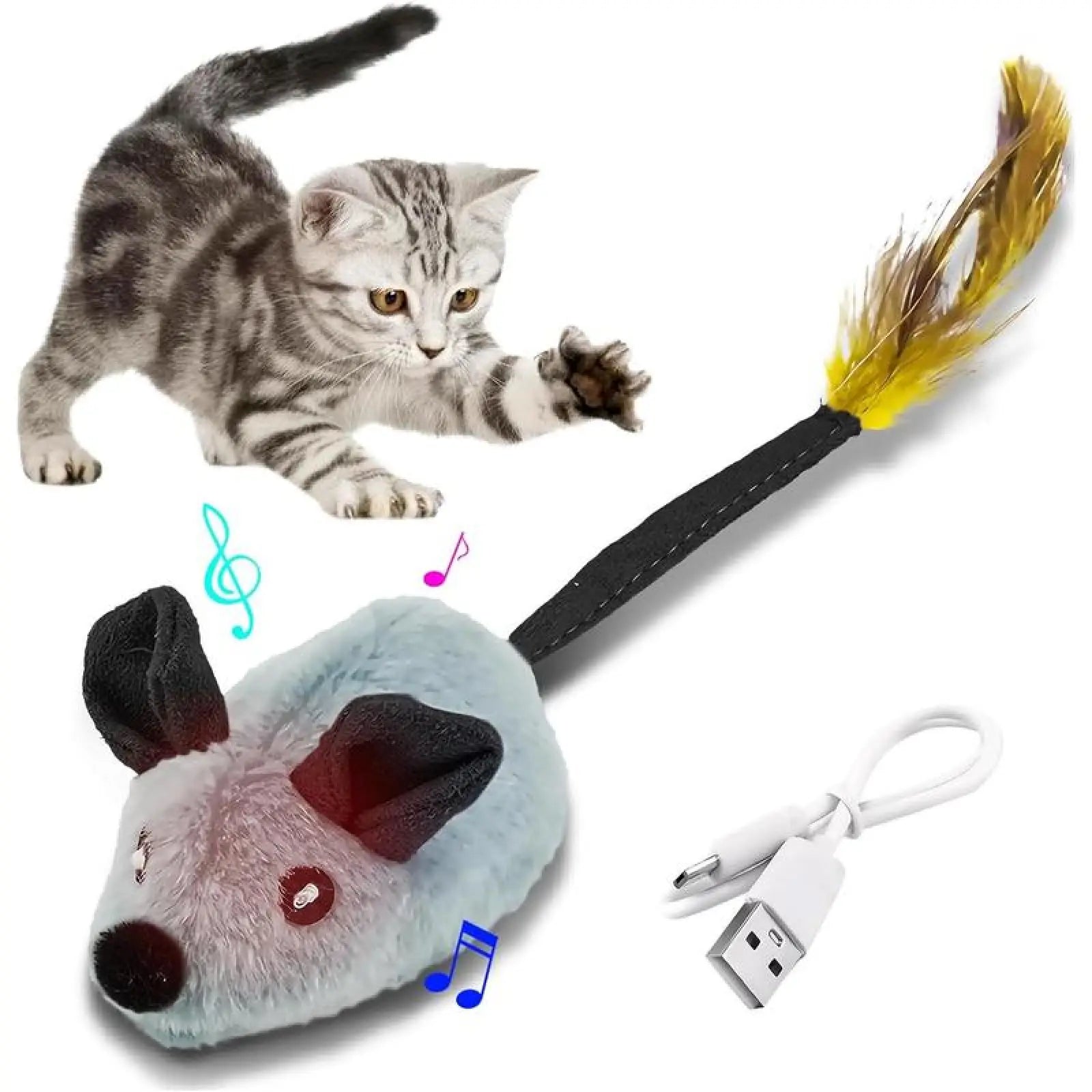 Interactive cat toy mouse in plush gray and black with feather tail usb rechargeable led and chirping sound features