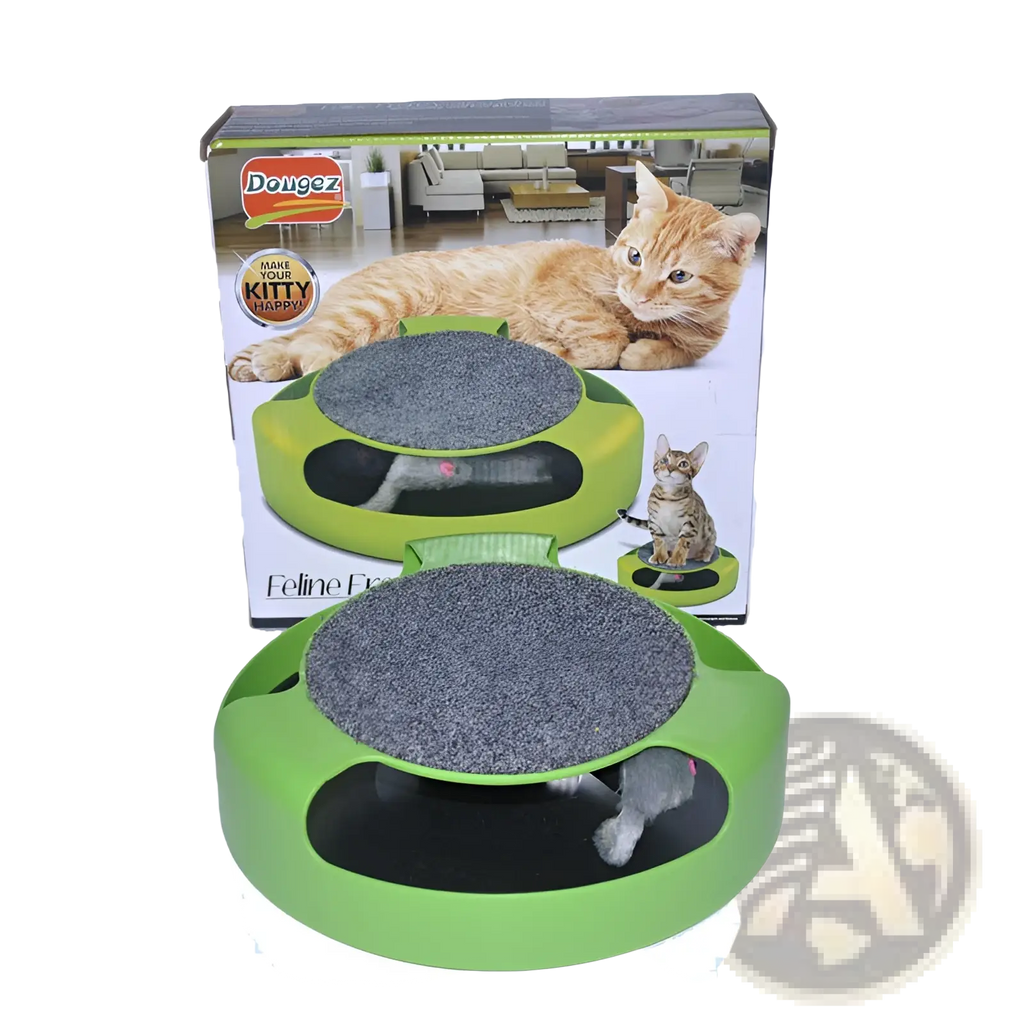 Interactive cat toy turntable with green plastic frame gray textured circular scratcher and black interior compartments