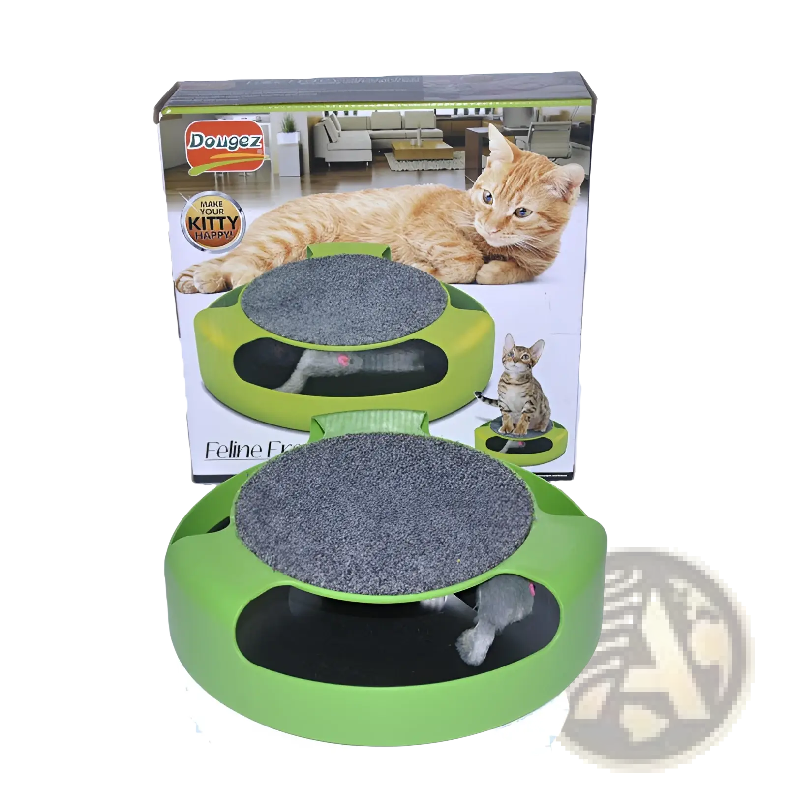 Interactive cat toy turntable with green plastic frame gray textured circular scratcher and black interior compartments