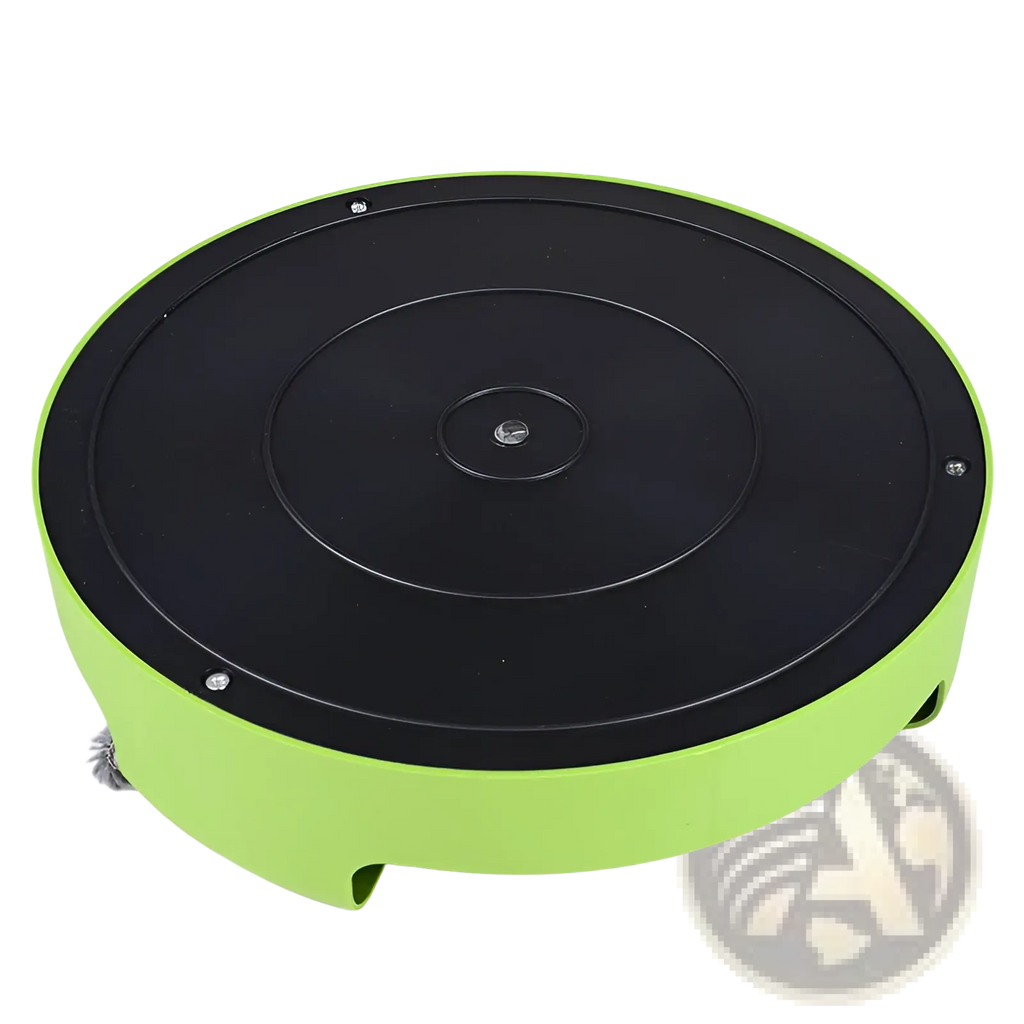 Interactive cat toy turntable with mouse and felt center in lime green and black matte finish floor cleaning robot design