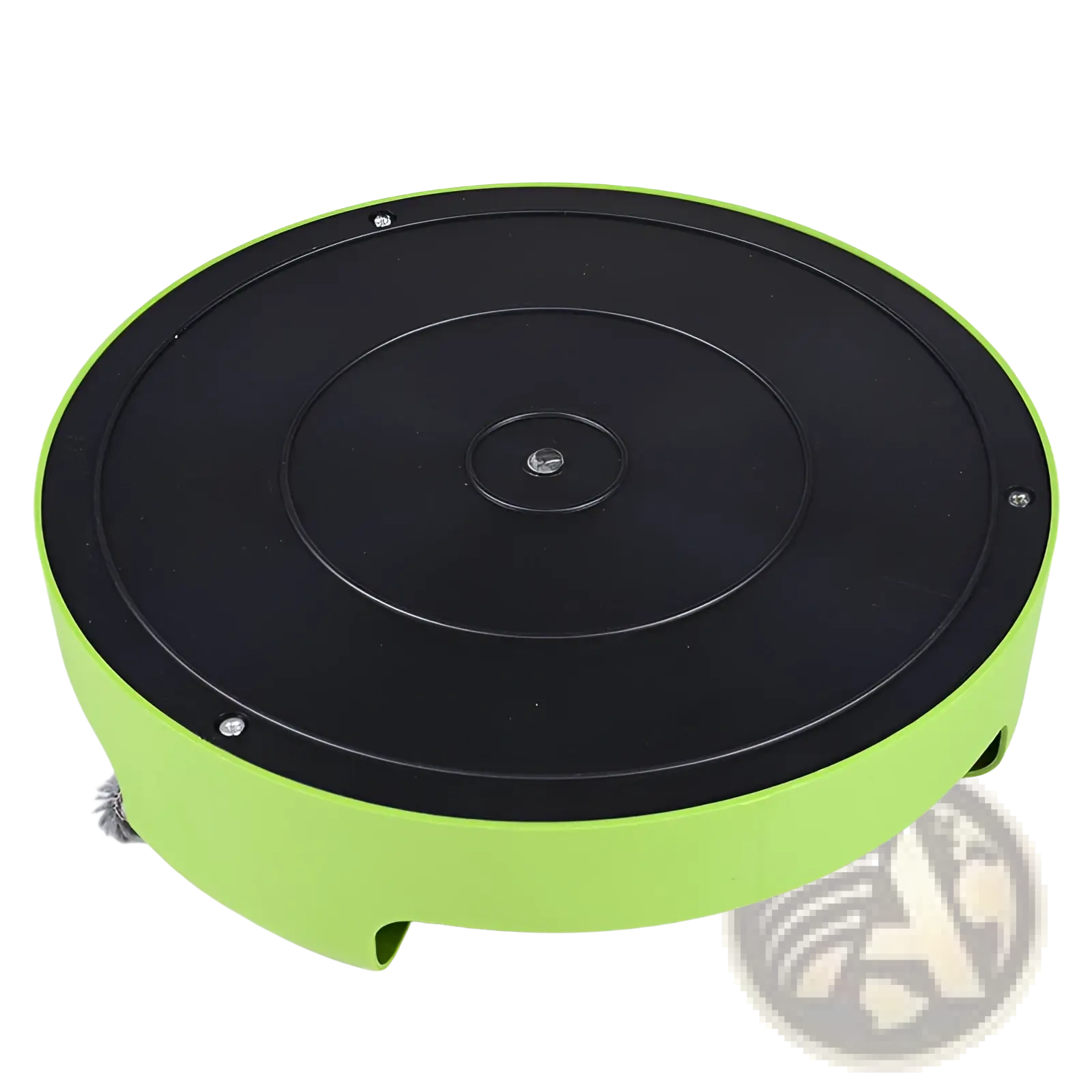 Interactive cat toy turntable with mouse and felt center in lime green and black matte finish floor cleaning robot design