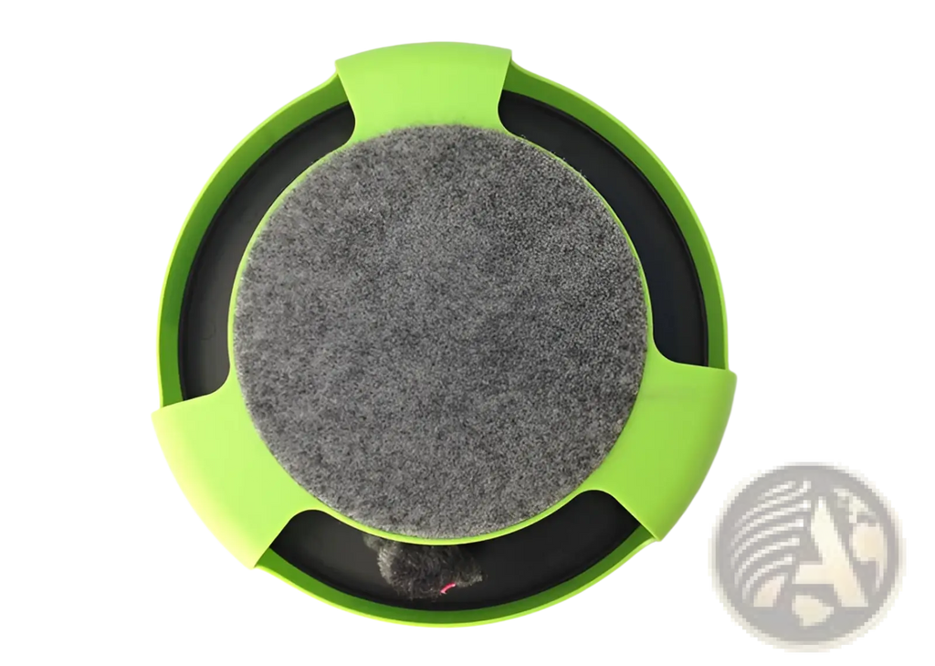 Bright green interactive cat toy turntable with gray felt center and black inner ring for engaging play