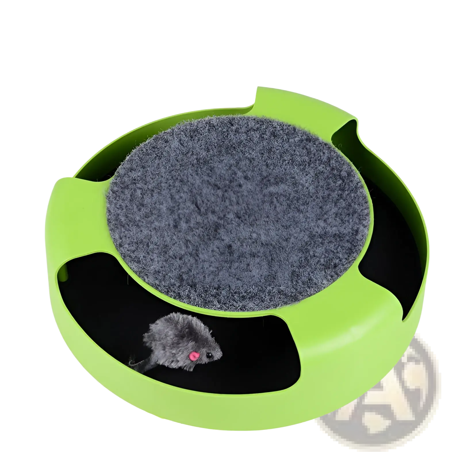 Interactive cat toy turntable bright green circular shape with gray felt center black cutouts and plush mouse inside