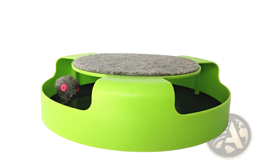 Bright green interactive cat toy turntable with gray felt top and small pink-eyed mouse inside for play