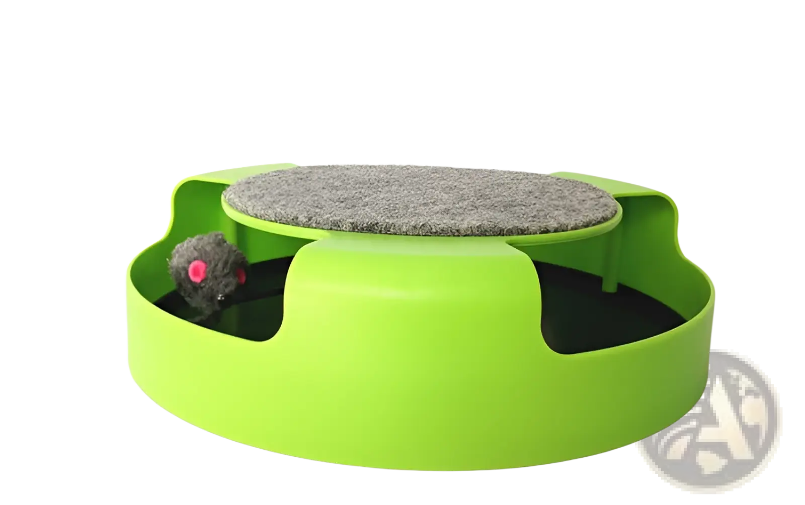 Bright green interactive cat toy turntable with gray felt top and small pink-eyed mouse inside for play