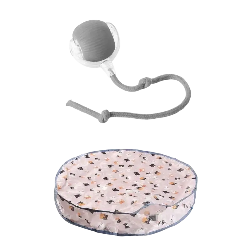 Grey silicone suction cup with rope paired with a pink cat bed with black and orange prints for interactive cat toys from mainland china