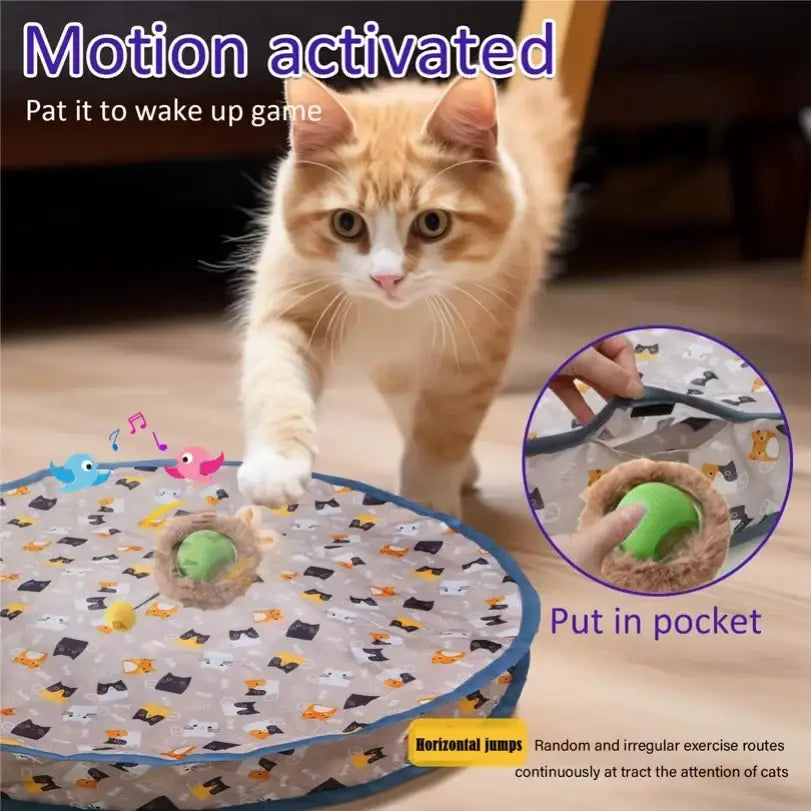 Interactive cat toys rolling ball pouch set in gray with cartoon cats and birds pattern and central green ball for play made in mainland china