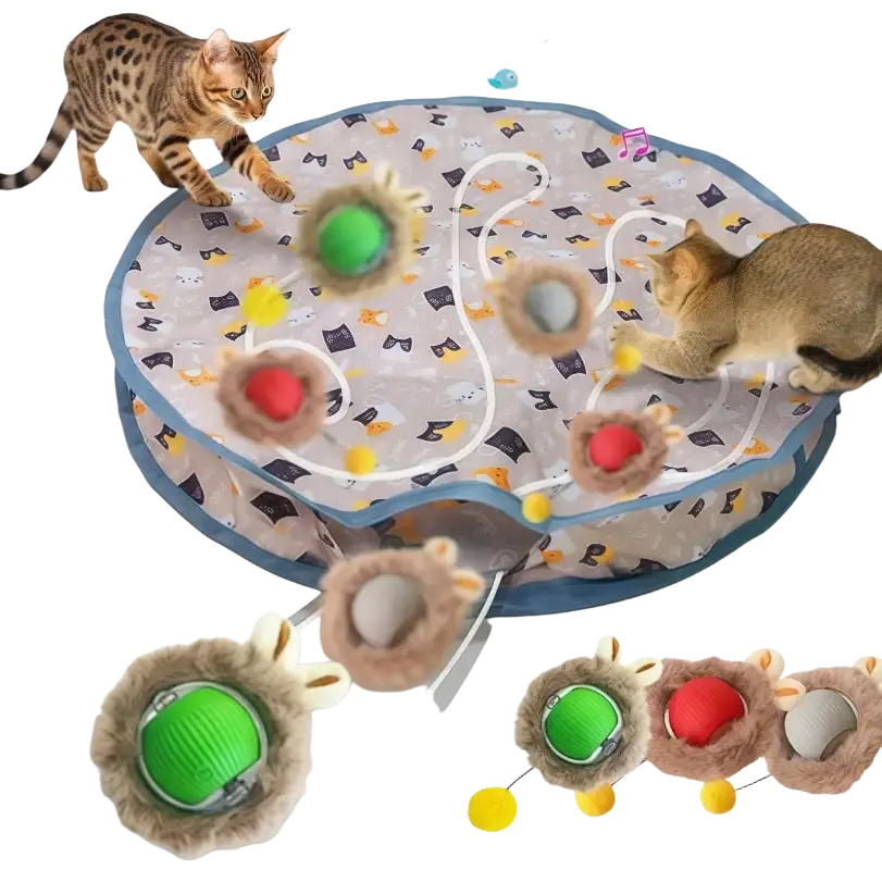 Round gray fabric interactive cat tunnel toy with black yellow faces and multiple colored ball compartments from mainland china