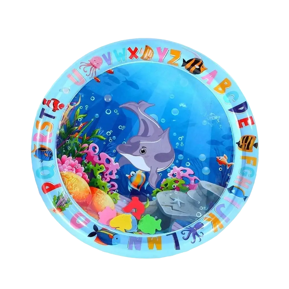 Interactive cat water play mat silicone floating fish toy featuring a colorful inflatable ocean-themed dolphin design with alphabet letters