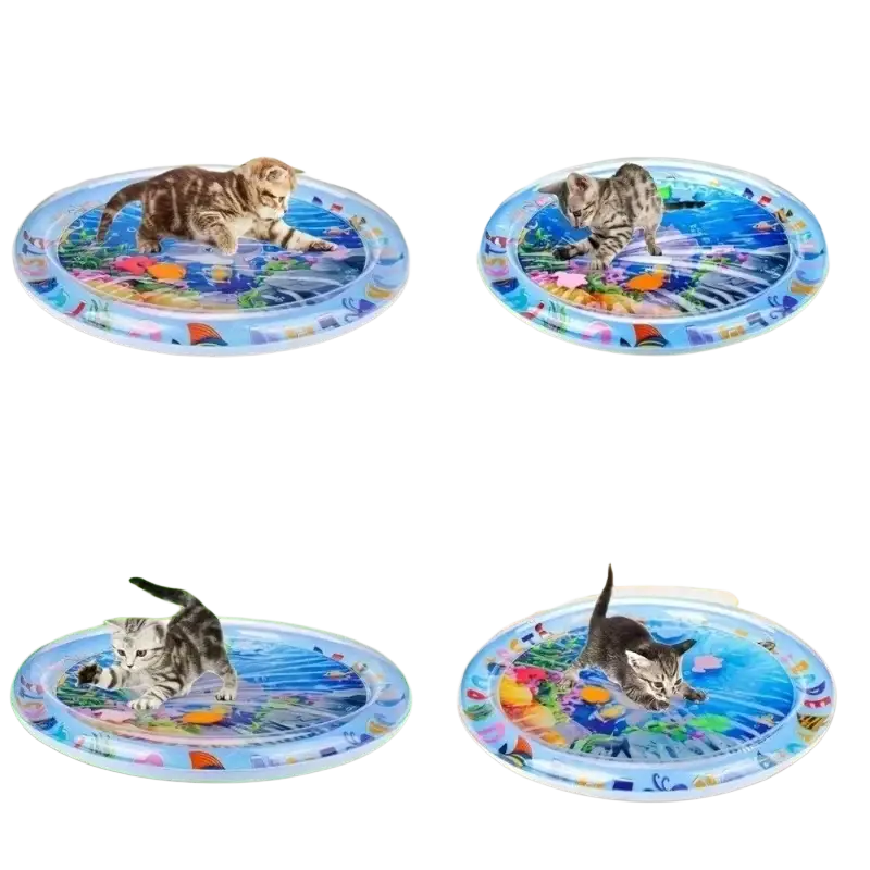 Inflatable circular pool toy with silicone interactive floating fish featuring colorful aquatic plants on blue background