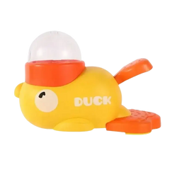 Yellow plastic interactive dog ball toy shaped like a rubber duck with orange flippers and a clear dome head labeled duck