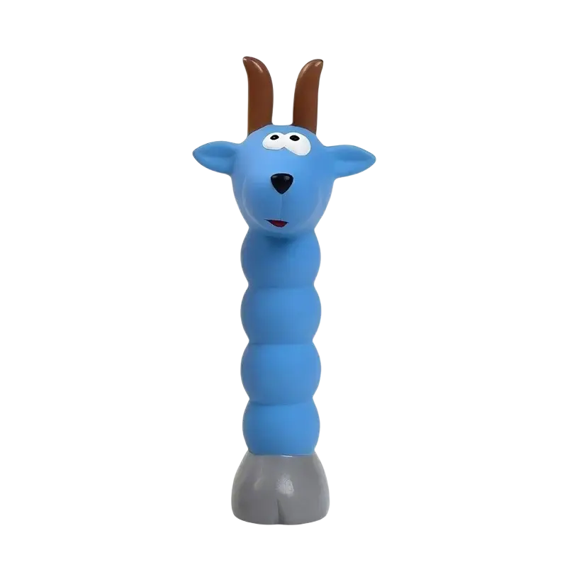 Blue rubber latex goat-shaped interactive dog chew toy with brown horns and gray feet squeaks for play use