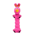 A bright pink rubbery bunny interactive dog chew toy with orange inner ears and a yellow nose made of latex