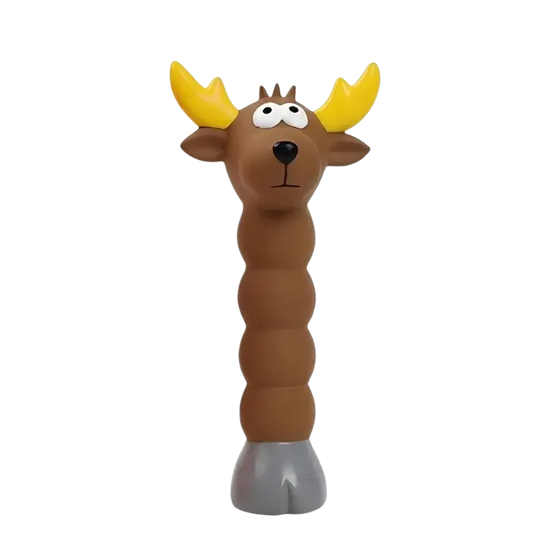Brown plastic moose-shaped latex interactive dog chew toy with yellow antlers and gray hoof base for pets