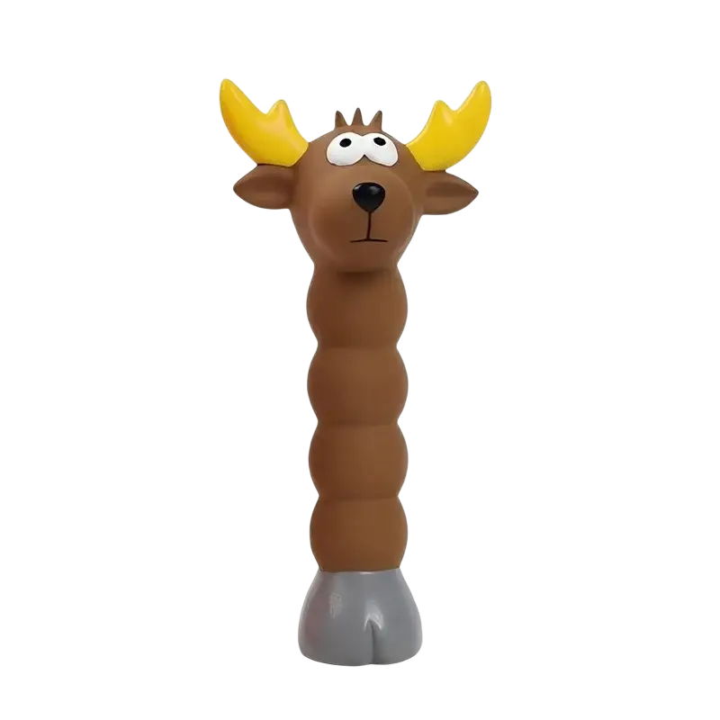 Brown latex interactive dog chew toy shaped like a moose with yellow antlers and gray base for squeaking play