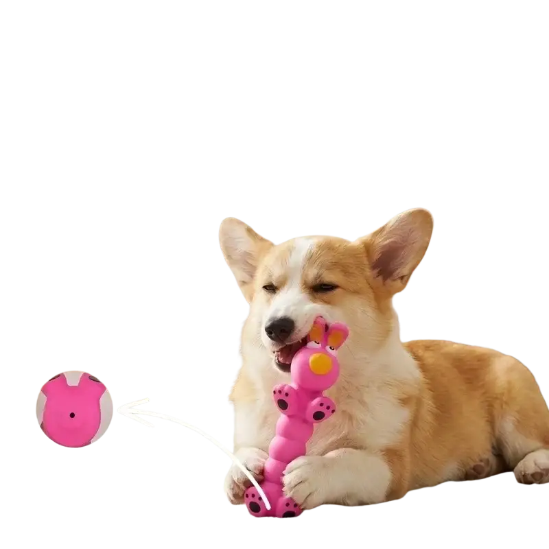 Pink rubber interactive dog chew toy with black paw prints yellow accents made of latex for squeaking play