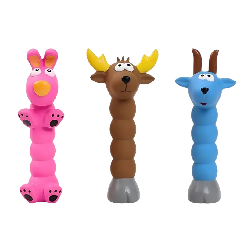 Three colorful segmented latex interactive dog chew toys shaped like a pink bunny brown moose and blue goat