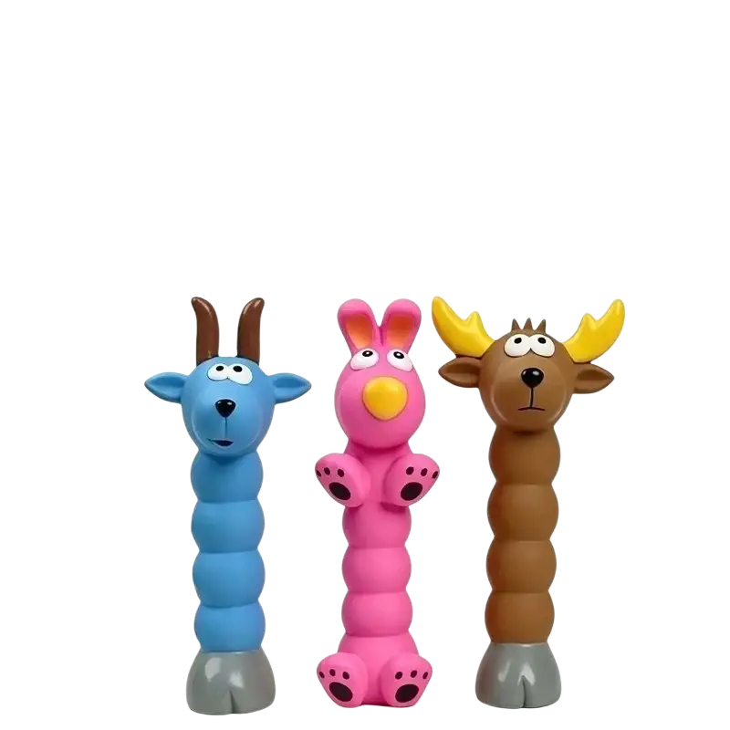 Three colorful segmented latex cartoon animal interactive dog chew toys in blue goat pink bunny and brown moose designs