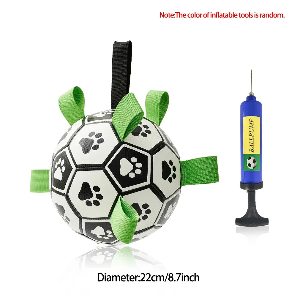 Interactive halloween dog soccer ball toy in white and black with green fabric grab tabs and a blue pump accessory
