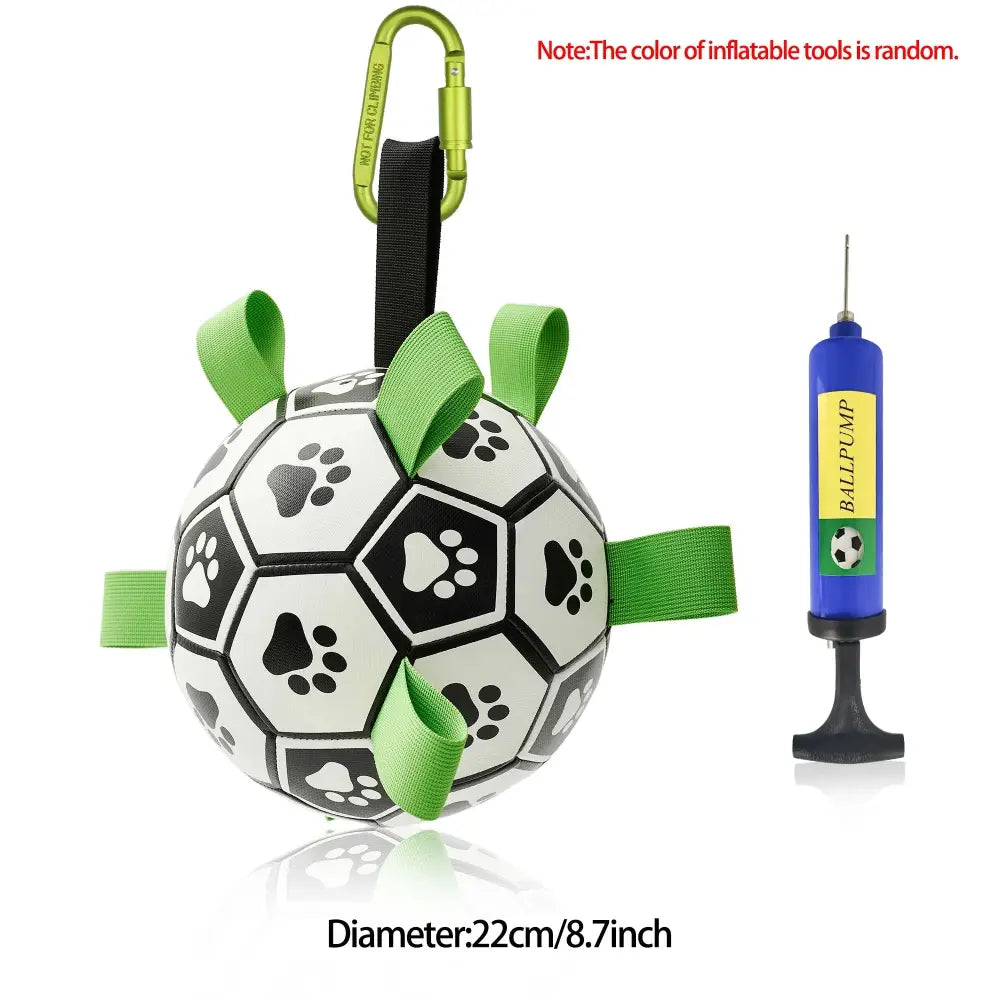 Interactive halloween dog soccer ball inflatable in green and white with paw print designs and fabric grab tabs