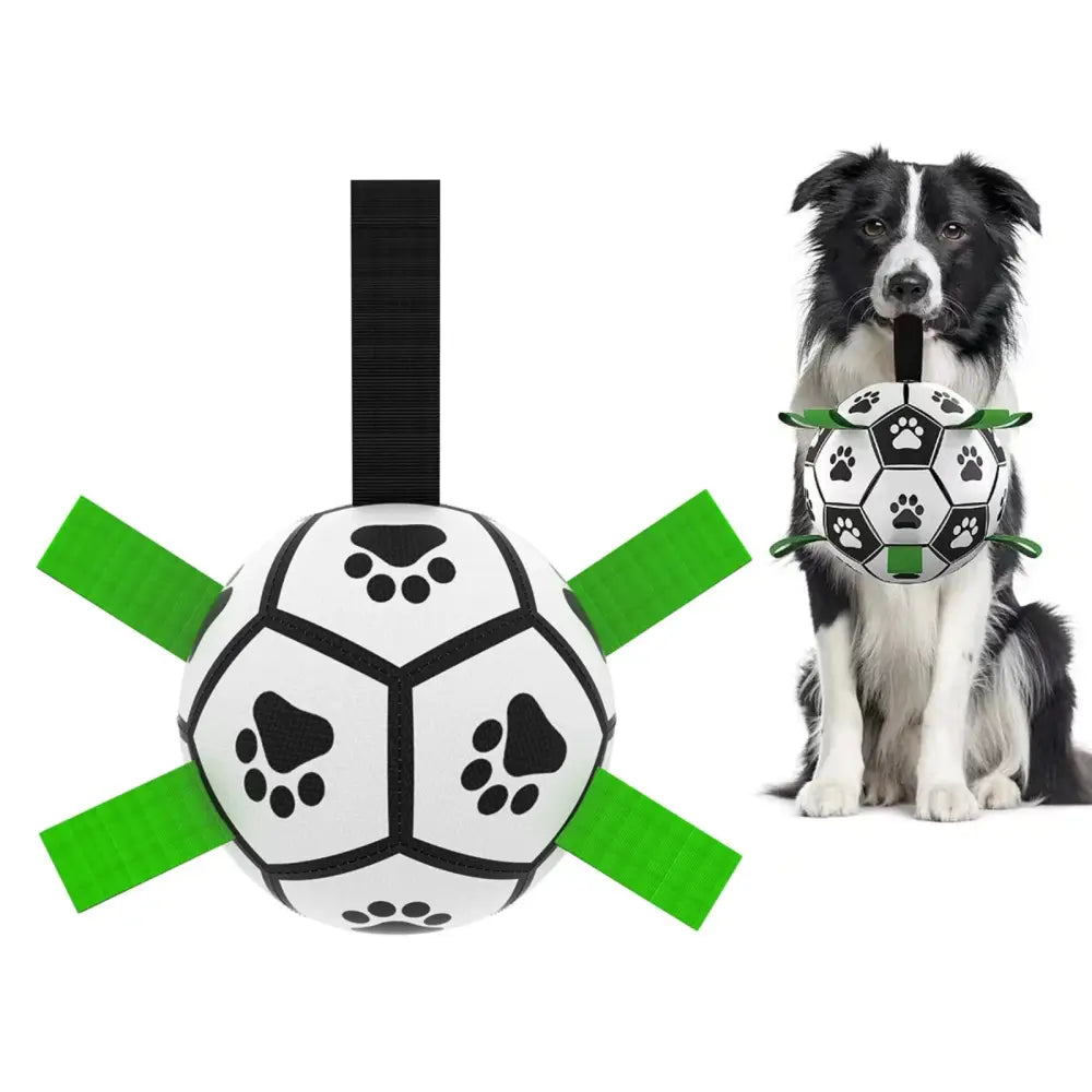 Interactive Halloween dog soccer ball toy in white and black with green grab tabs and paw print designs