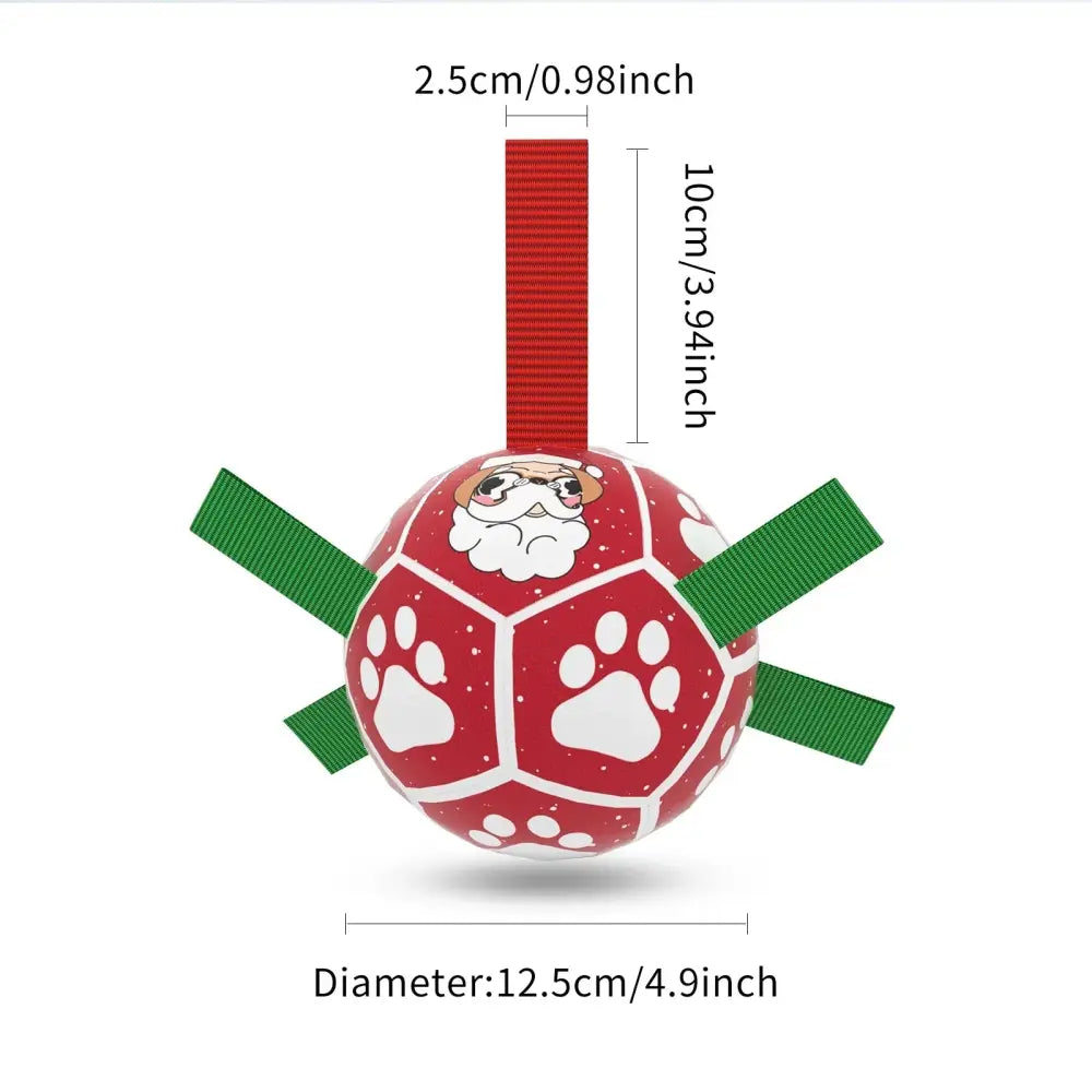 Interactive Halloween dog soccer ball in red and white with green ribbons and grab tabs for easy play