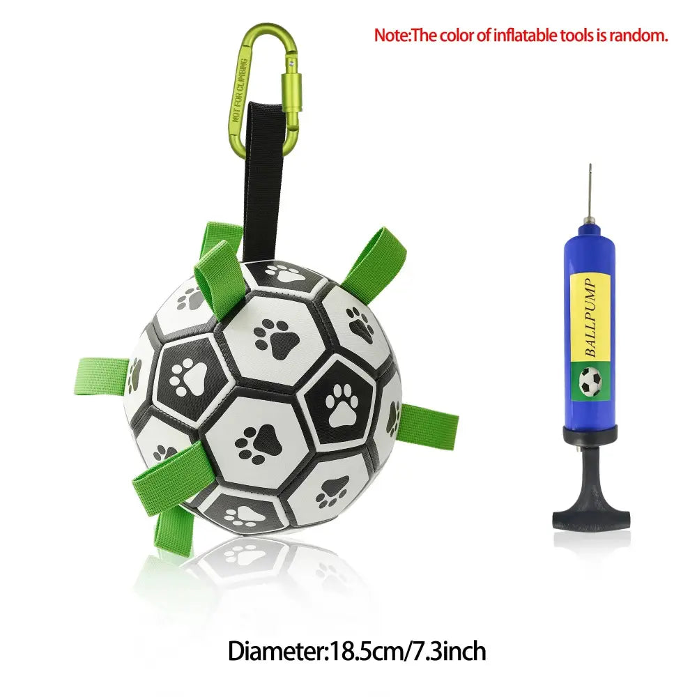 Interactive halloween dog soccer ball toy with black and white panels green fabric grab tabs and carabiner clip