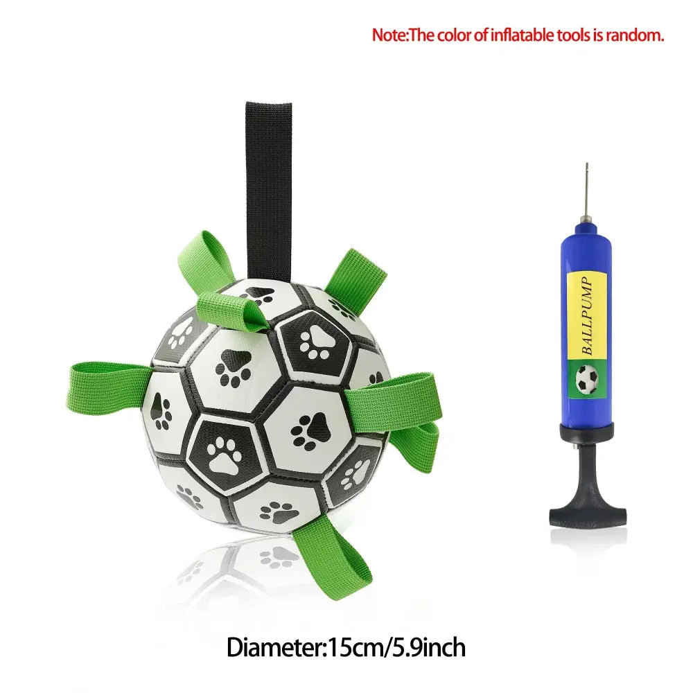Interactive Halloween dog soccer ball toy in white and black with green fabric grab tabs for easy play