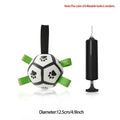 Inflatable interactive Halloween dog soccer ball toy with white and black panels green straps and paw print designs