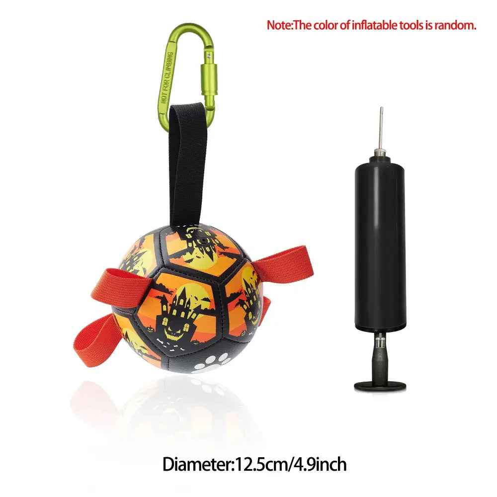 Interactive Halloween dog soccer ball inflatable with orange and black patterns, red fabric grab tabs, and green carabiner clip