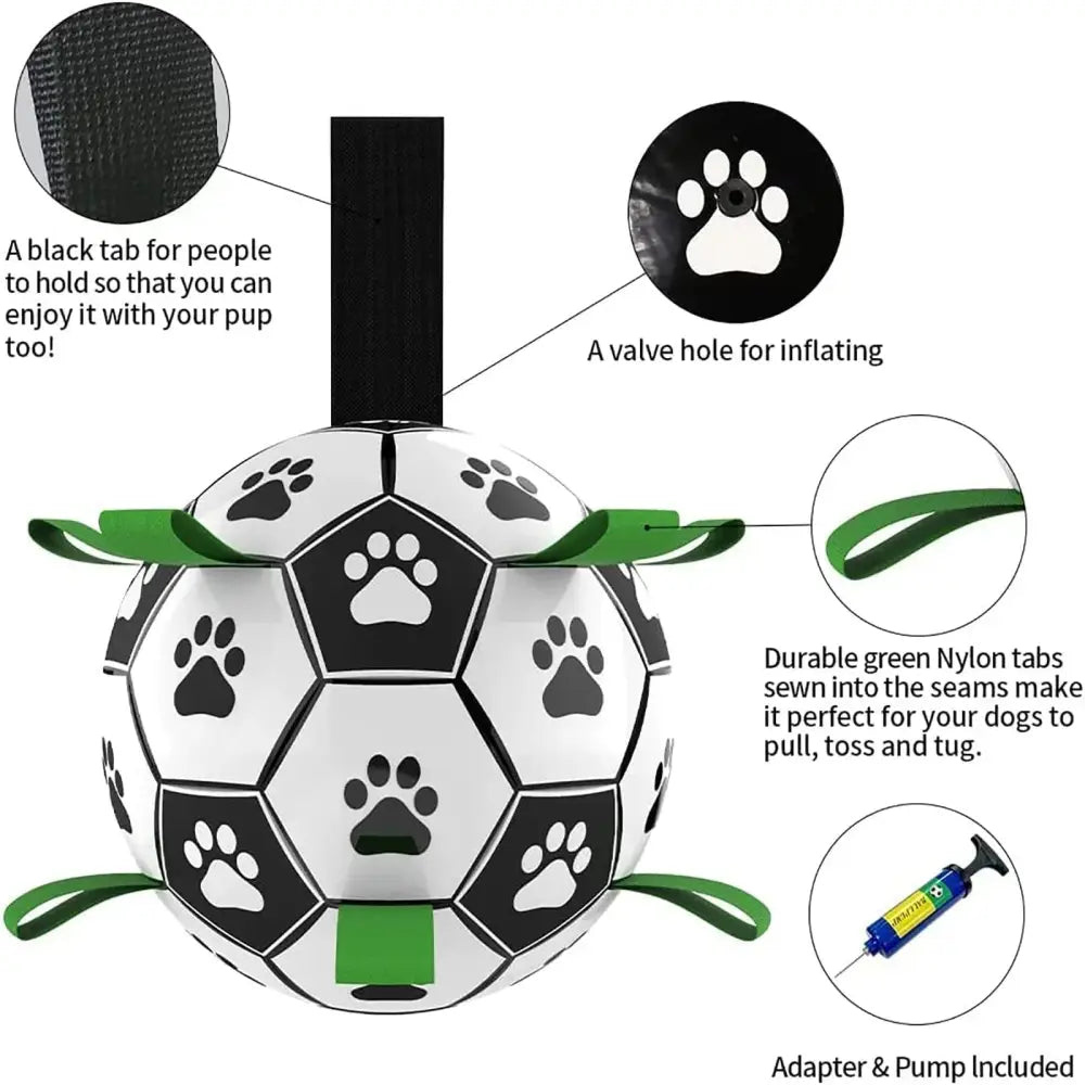Interactive halloween dog soccer ball in white and black with paw print designs and green nylon grab tabs for tug play