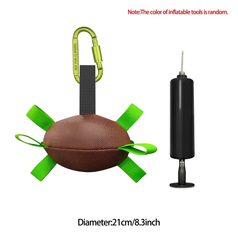 Interactive halloween dog soccer ball inflatable with brown texture bright green straps and lime green carabiner clip