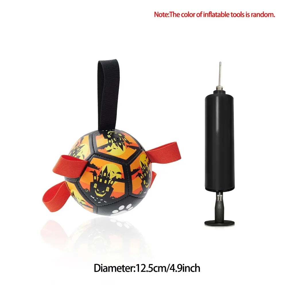 Interactive halloween dog soccer ball with orange and black inflatable design, red fabric grab tabs, and black handle