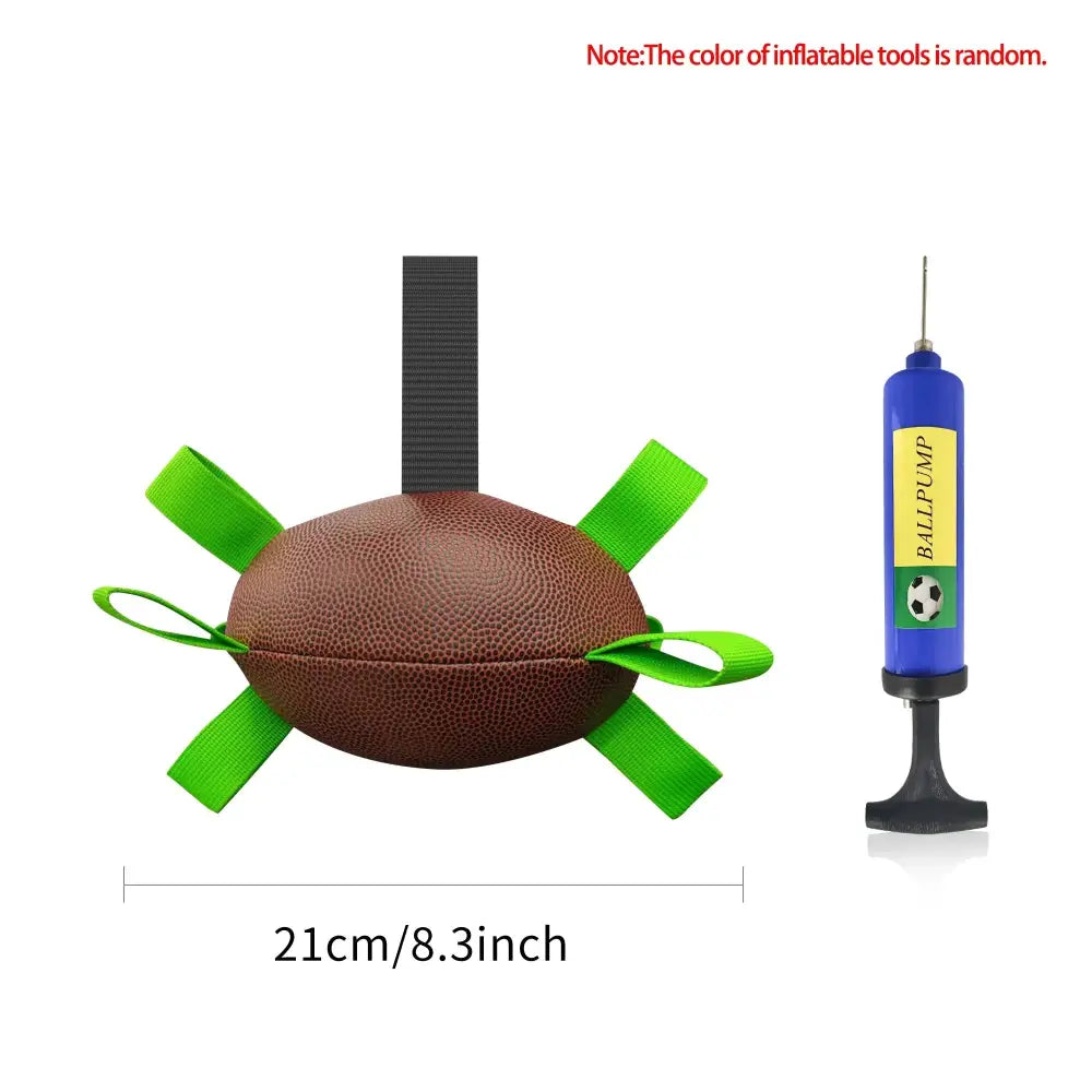 Interactive halloween dog soccer ball made of brown textured inflatable material with green straps and blue ballpump