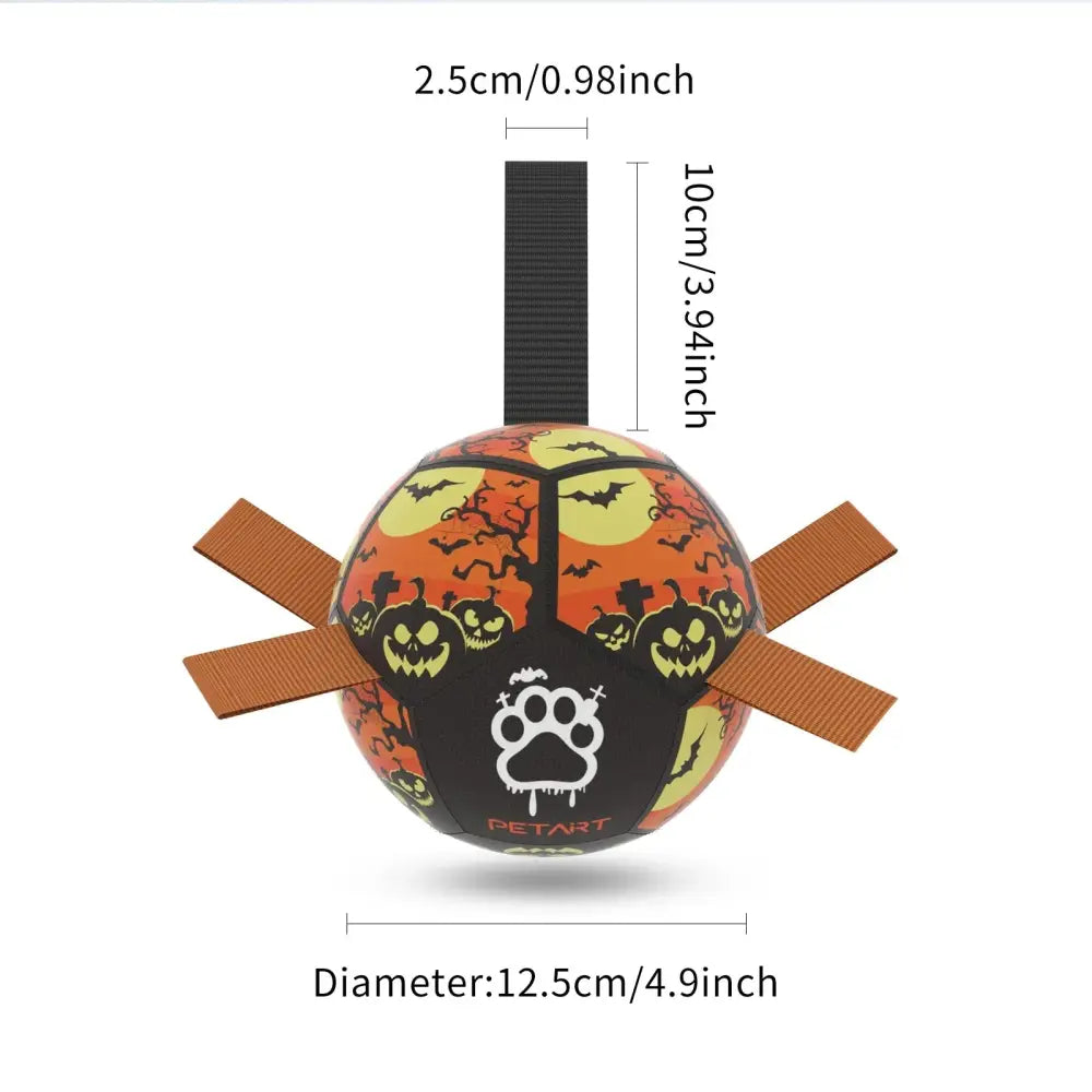 Interactive Halloween dog soccer ball in orange black and yellow with pumpkin and bat designs on durable rubber surface