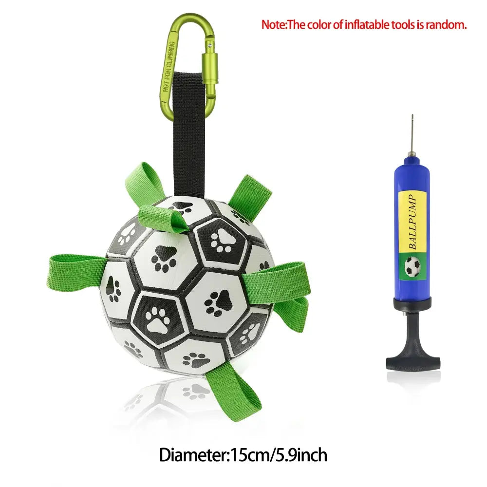 Interactive halloween dog soccer ball toy in green and white inflatable design with black paw prints and grab tabs
