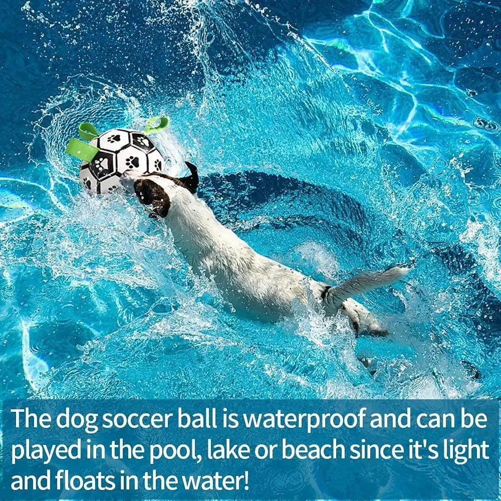 Interactive halloween dog soccer ball with white and black paw print pattern and green grab tab handles