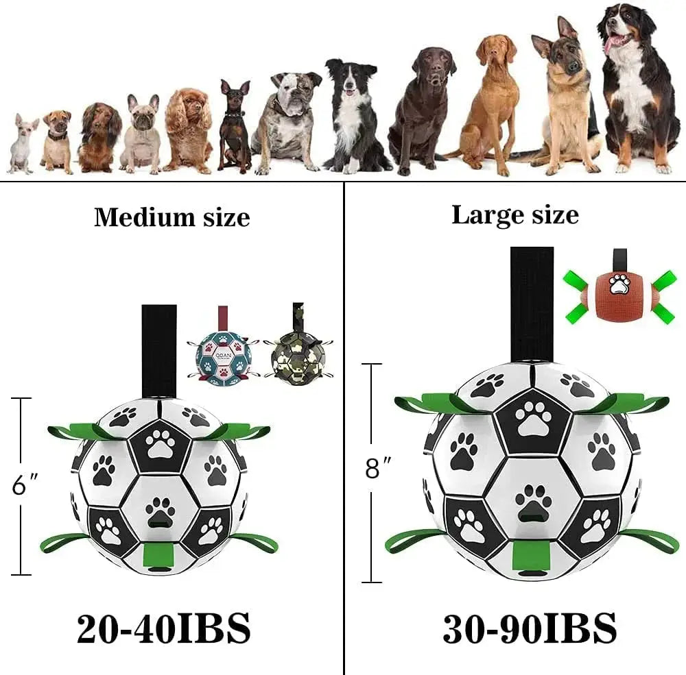 Interactive Halloween dog soccer ball toy in white and black with paw prints and green leaf-like grab tabs on sides
