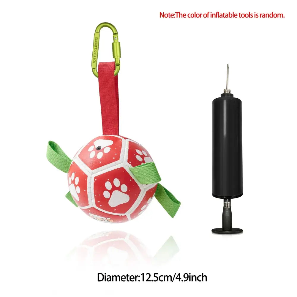 Interactive Halloween dog soccer ball in red and white inflatable design with green straps and carabiner clip for attachment