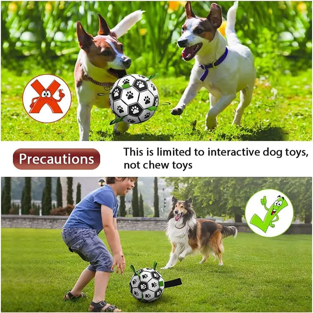 Interactive Halloween dog soccer ball with black and white paw print patterns and a green grab tab handle