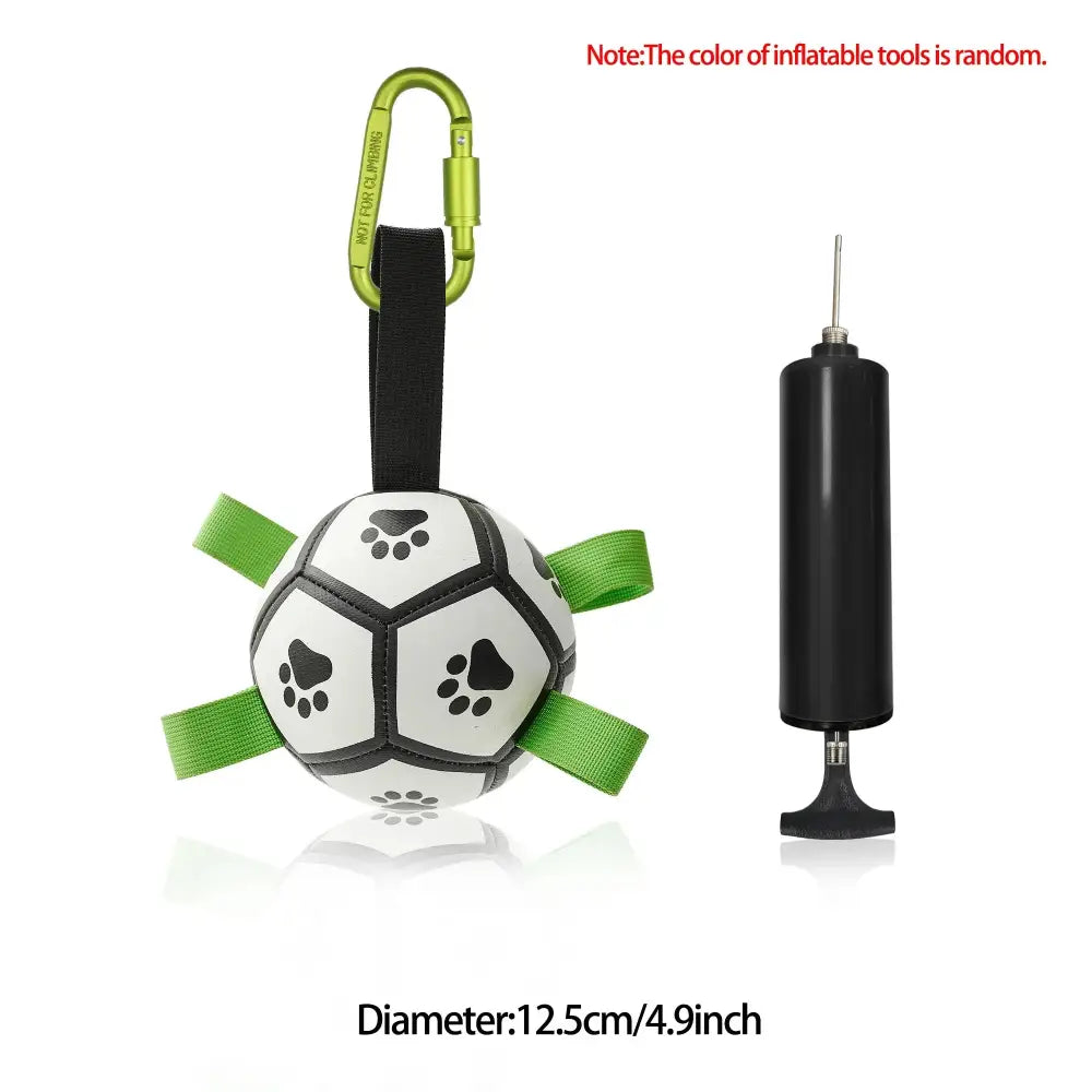 Interactive halloween dog soccer ball in white and black inflatable design with green straps and lime-green carabiner clip