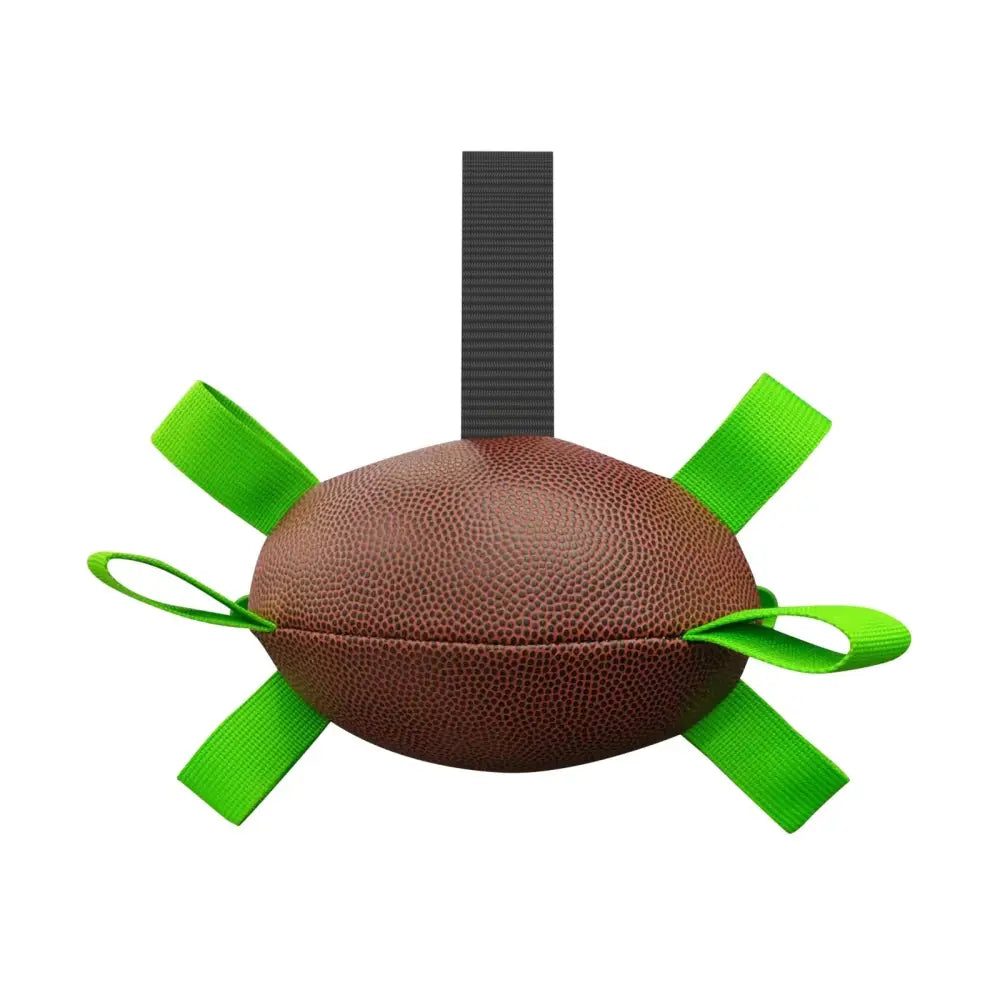 Interactive halloween dog soccer ball toy in brown textured material with bright green grab tabs and black strap handle